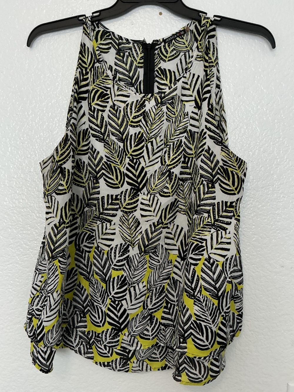 Jessica Rose Tank Flare White with Black Leaves and Yellow , Size XL